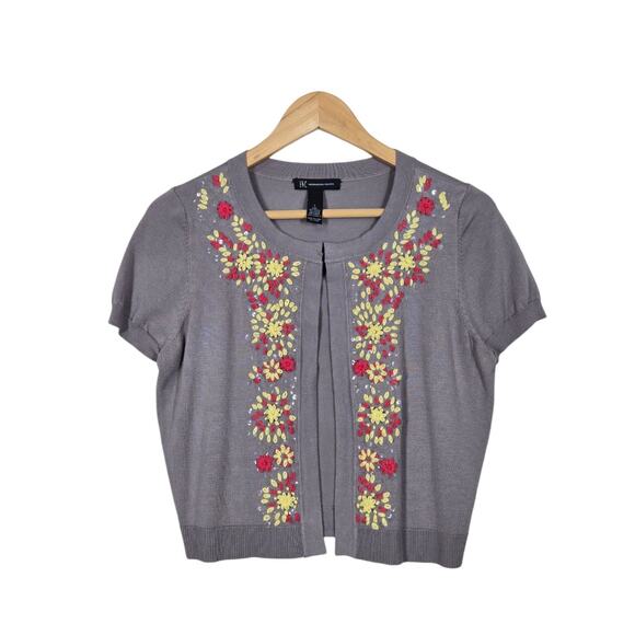 INC Intl Concepts Cropped Cardigan Sweater L Taupe Brown Embroidery Short Sleeve - Picture 1 of 15